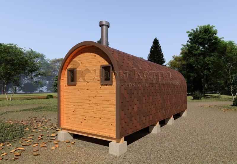 Баня-бочка буханка из кедра 6 метров с верандой